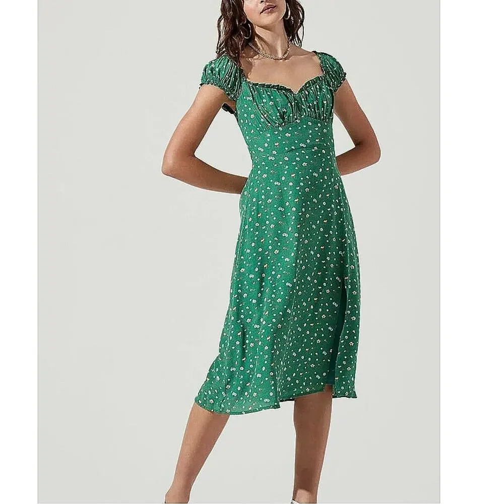 ASTR Green Keepsake Floral Ruffle Scoop Neck Puff Sleeve Smocked Midi Dress Sz S